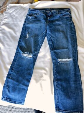 7 For All Mankind Distressed Dark Blue Cropped Jeans